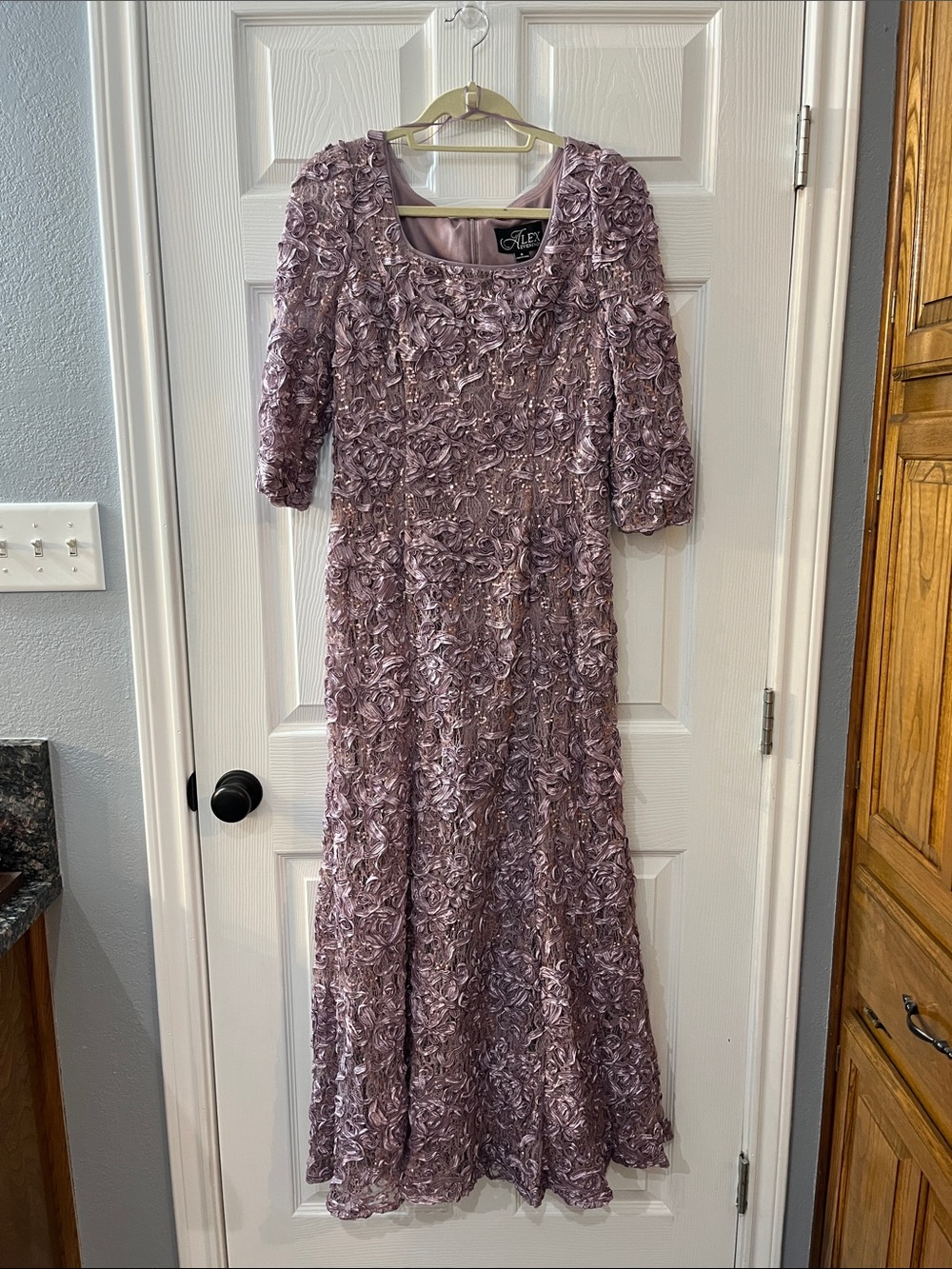 Alex Evenings Dusty Mauve Floral Rosette Long Sleeve Gown